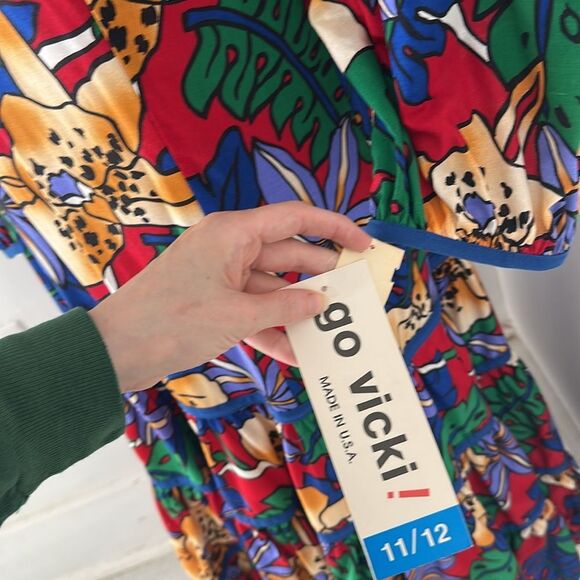 Vintage Bold Floral 80s Puff Sleeve Go Vicki Drop Waist Dress - Picture 4 of 5